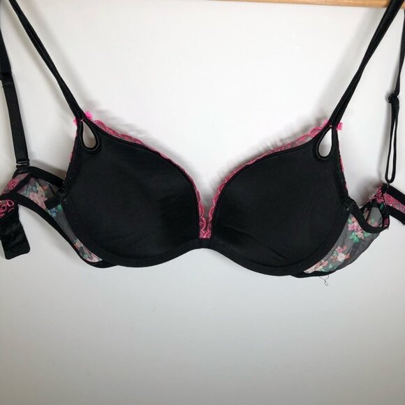 VICTORIA’S Secret  Sexy Little Thing Pink Embroidered Floral Black Bra 32C - Picture 6 of 6